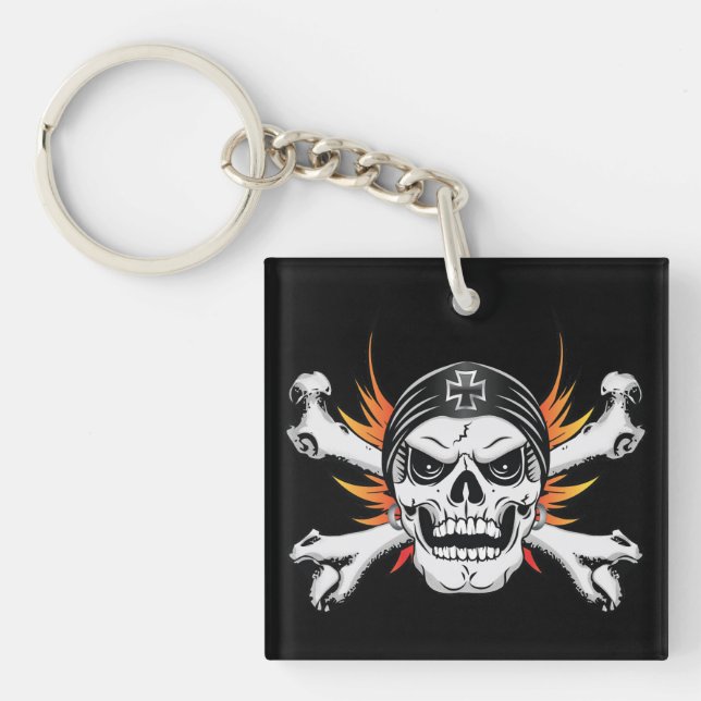 Skull Crossbones with Flaming Wings Keychain (Front)