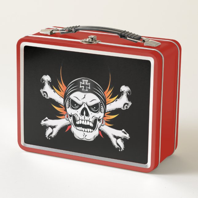 Skull Crossbones with Flaming Wings Metal Lunch Box (Front)