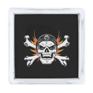 Skull Crossbones with Flaming Wings Silver Finish Lapel Pin