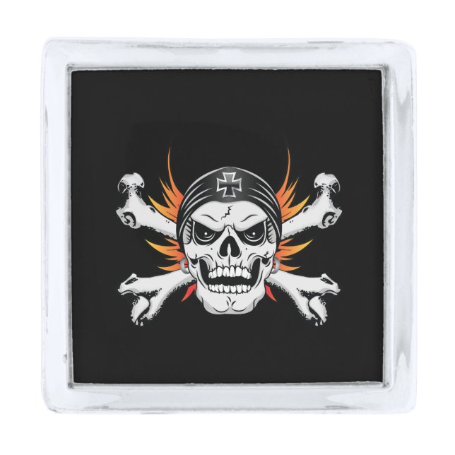 Skull Crossbones with Flaming Wings Silver Finish Lapel Pin (Front)
