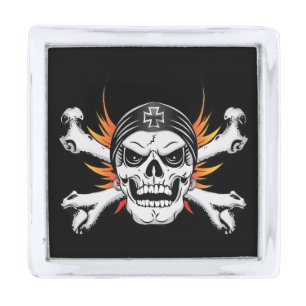 Skull Crossbones with Flaming Wings Silver Finish Lapel Pin