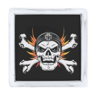 Skull Crossbones with Flaming Wings Silver Finish Lapel Pin