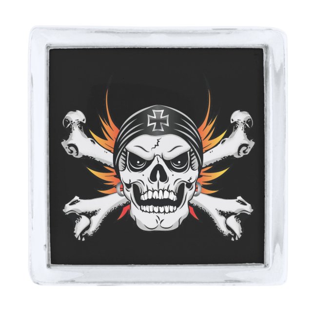 Skull Crossbones with Flaming Wings Silver Finish Lapel Pin (Front)