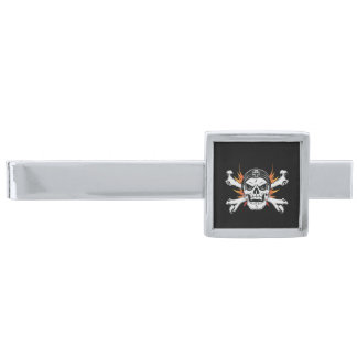 Skull Crossbones with Flaming Wings Silver Finish Tie Bar