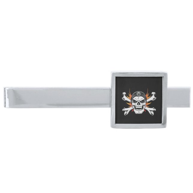 Skull Crossbones with Flaming Wings Silver Finish Tie Bar (Front)