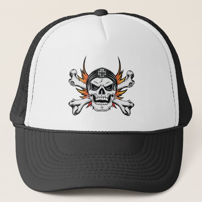 Skull Crossbones with Flaming Wings Trucker Hat (Front)