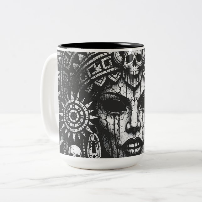 Skull‑Crowned Priestess — by BurnsInHell Two-Tone Coffee Mug (Front Left)