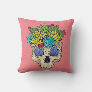 Skull, Crystals, Succulents With Pink Background Throw Pillow