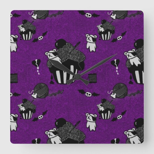 Skull Cupcakes Purple Goth doodle pattern Square Wall Clock