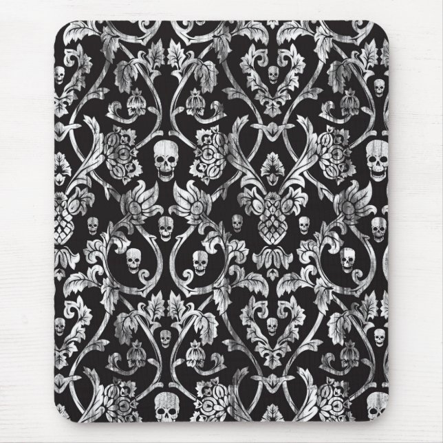Skull damask in black and white. mouse pad (Front)