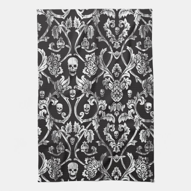 Skull damask in black and white. towel (Vertical)