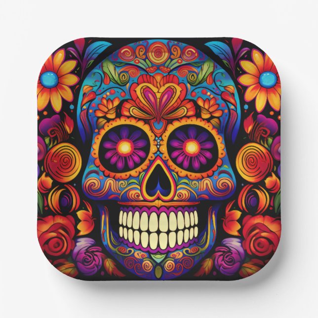 Skull Day of the Dead Colorful Paper Paper Plates (Front)