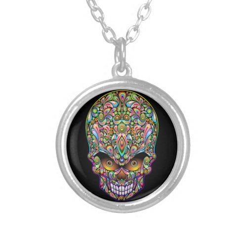 Skull Decorative Psychedelic Art Design  Silver Plated Necklace