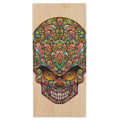 Skull Decorative Psychedelic Art Design  Wood Flash Drive