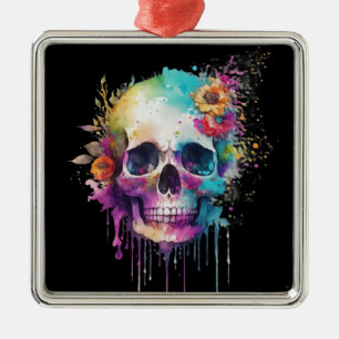 Skull design with colorful splatters metal ornament