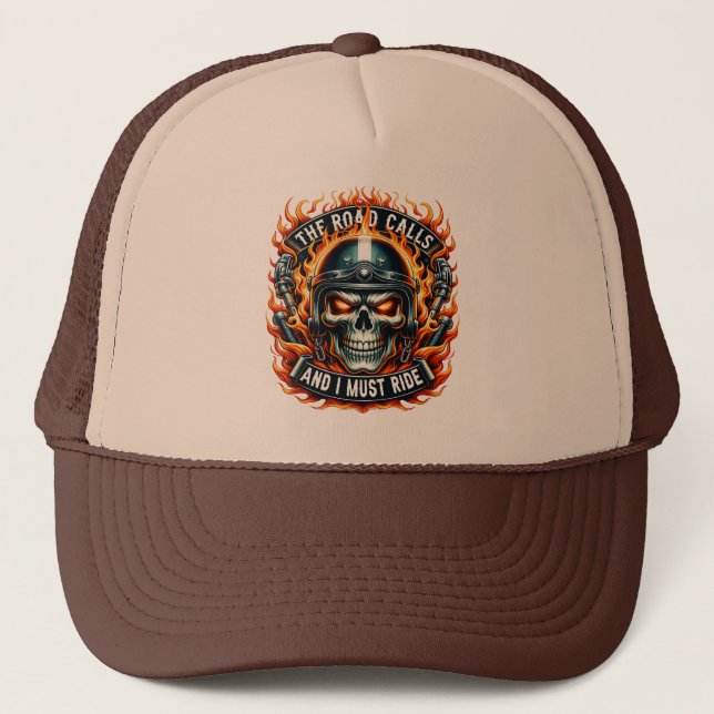 Skull Design With Flames and Motorcycle Elements Trucker Hat (Front)