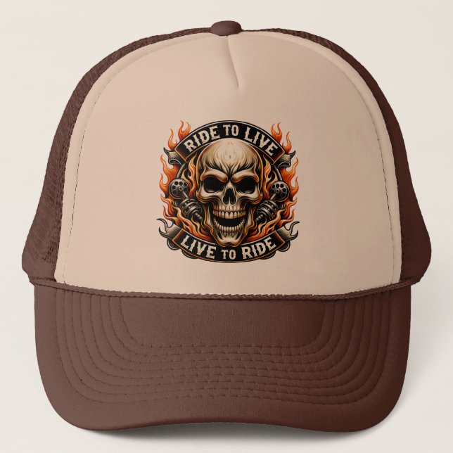 Skull Design With Flames and Motorcycle Elements Trucker Hat (Front)