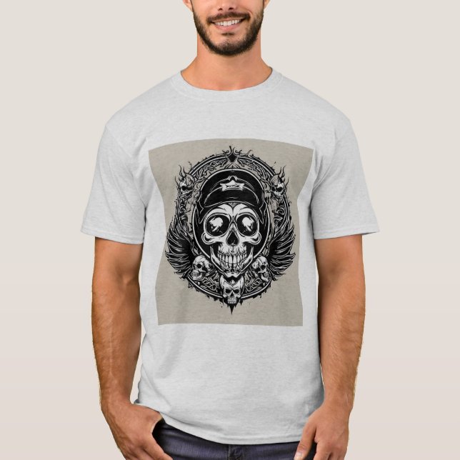 Skull Design with Wings and Symbols T-Shirt (Front)