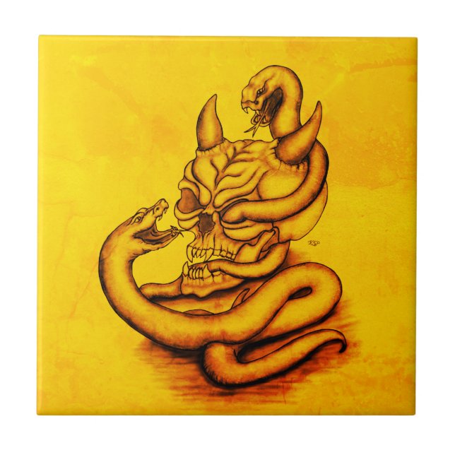 Skull - Devil Head with Snake Ceramic Tile (Front)
