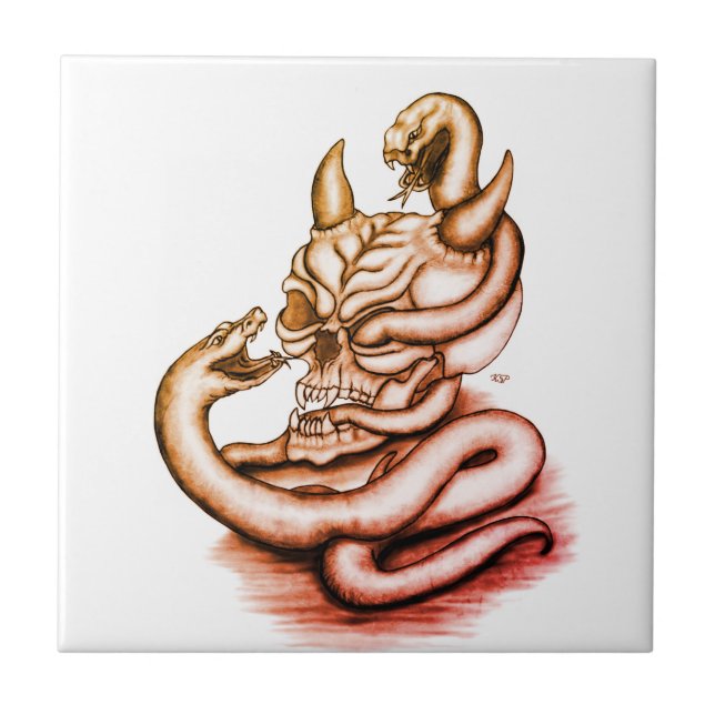 Skull - Devil Head with Snake Ceramic Tile (Front)