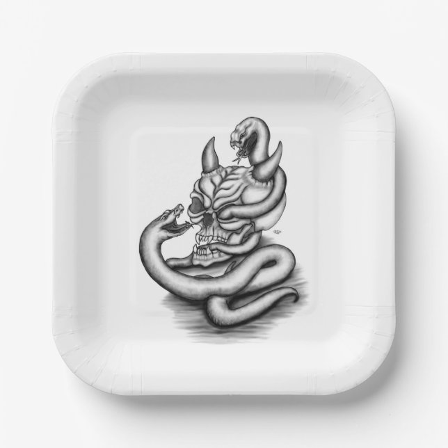 Skull - Devil Head with Snake Paper Plates (Front)