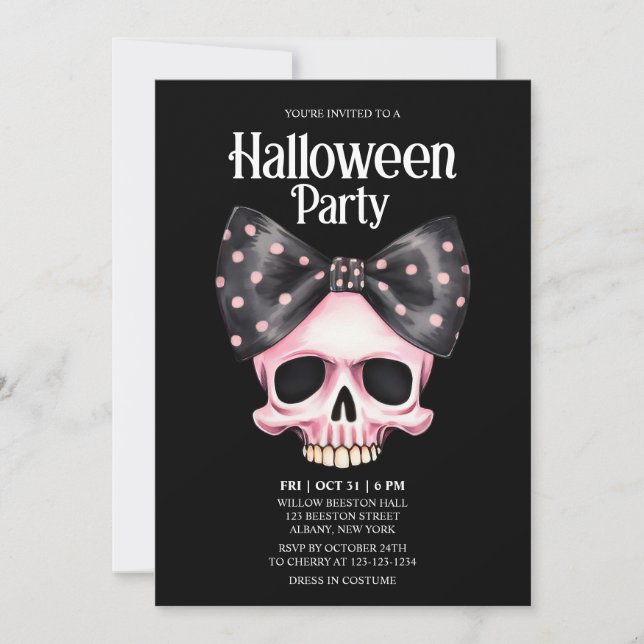 Skull Dots Black Bow Pink Horror Halloween Party Invitation (Front)