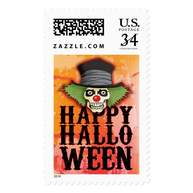 Skull Dressed Up As A Clown Says Happy Halloween, Postage
