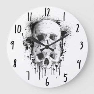 Skull Drip Black Ink Splatter Graphic Large Clock