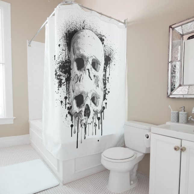 Skull Drip Black Ink Splatter Graphic Shower Curtain (In Situ)