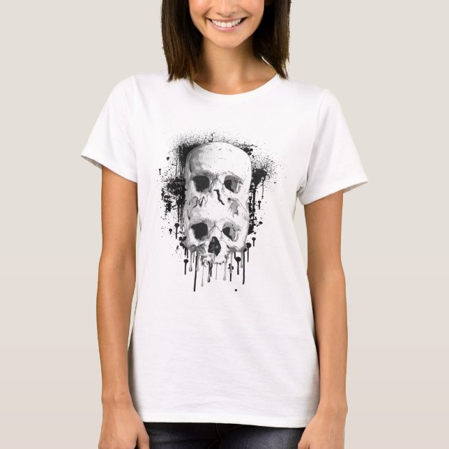 Skull Drip Black Ink Splatter Graphic T-Shirt (Front)