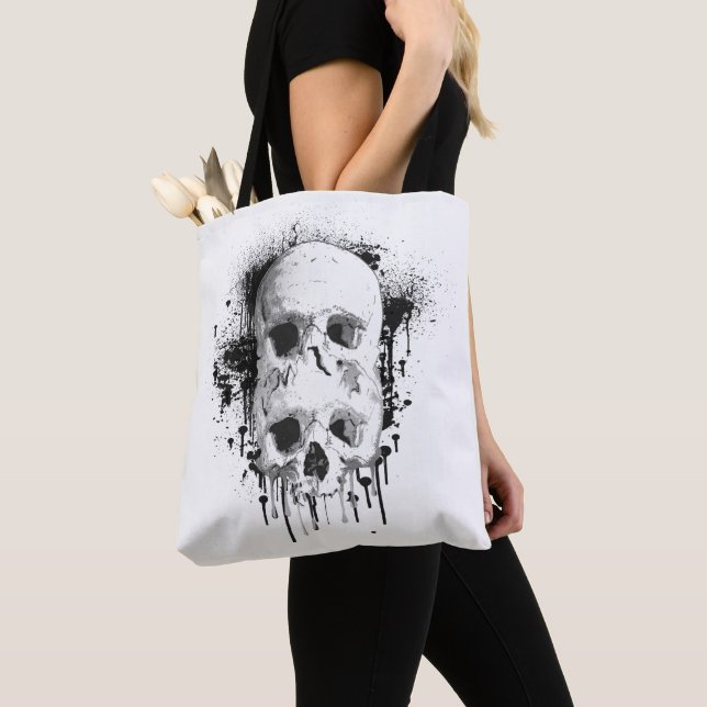Skull Drip Black Ink Splatter Graphic Tote Bag (Close Up)