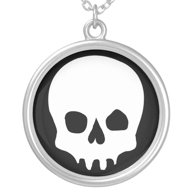Skull Evil Graphic Block Print Silver Necklace (Front)