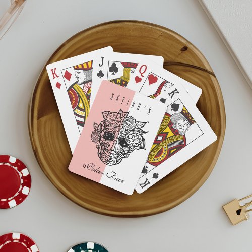 Skull Face  Florals Custom Name Poker Face Poker Cards