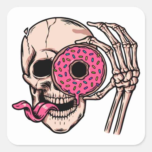 Skull Face With Donut dark humor  sweet and sour Square Sticker (Front)