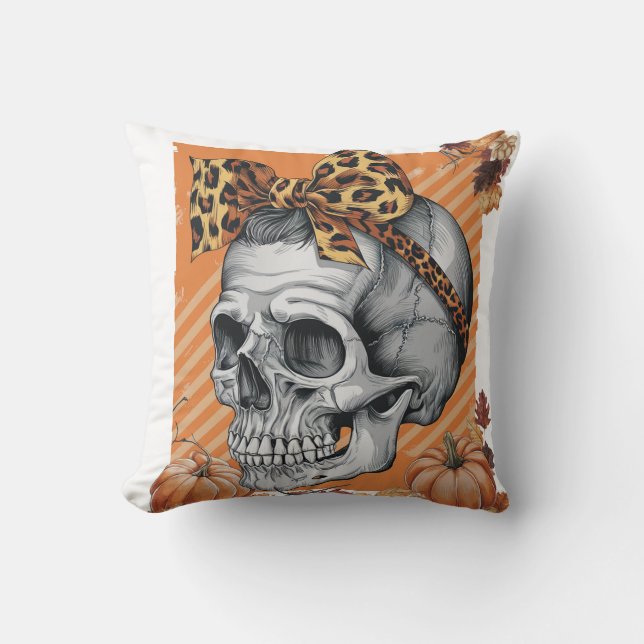 Skull Fall Bow Halloween Throw Pillow (Front)