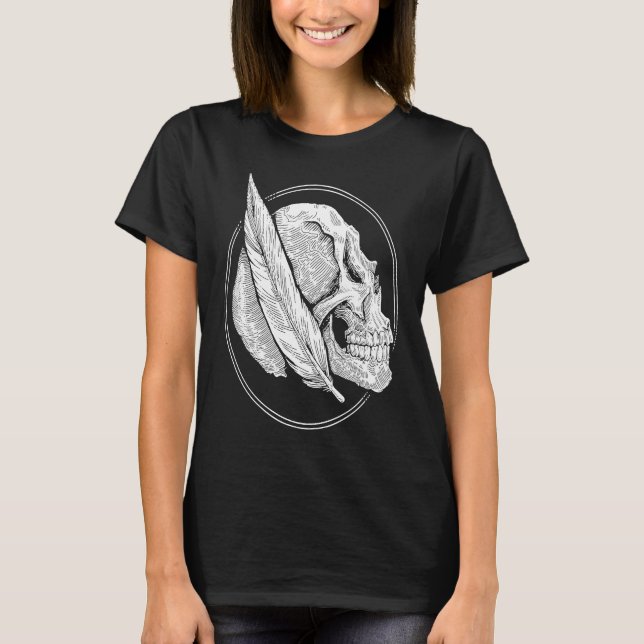 Skull Feather Gothic Blackwork Traditional Tattoo  T-Shirt (Front)