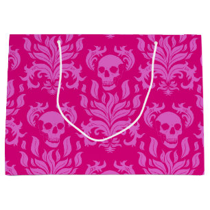 Skull Flame Damask in bubblegum pink on hot pink Large Gift Bag
