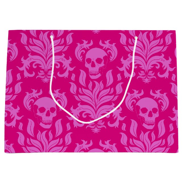 Skull Flame Damask in bubblegum pink on hot pink Large Gift Bag (Front)