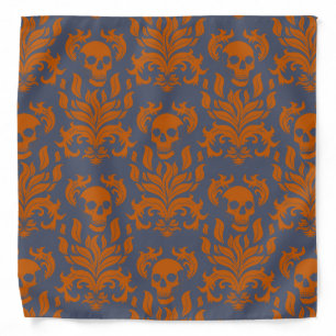 Skull Flame Damask in clashing orange on blue grey Bandana