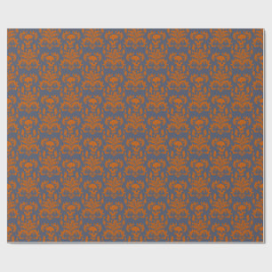 Skull Flame Damask in clashing orange on blue grey Wrapping Paper