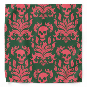 Skull Flame Damask in clashing pink on dark green Bandana