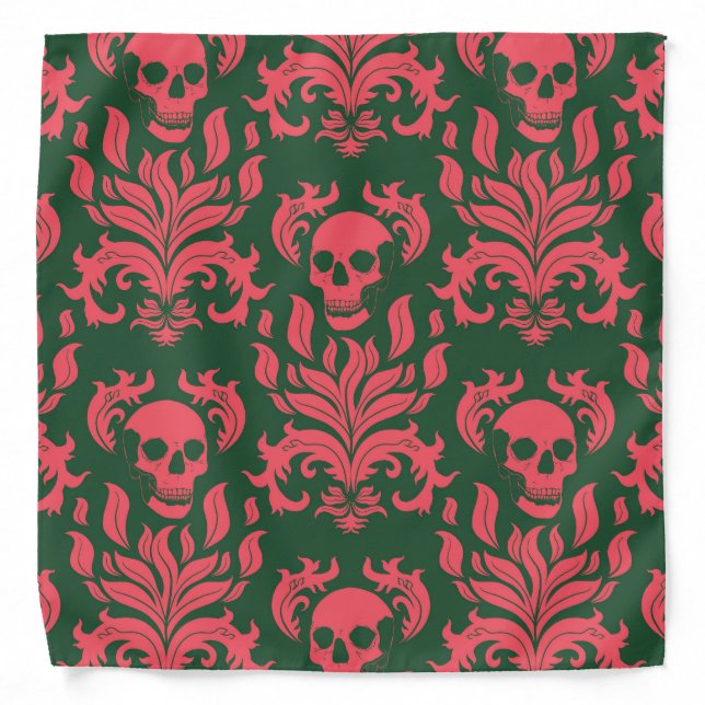 Skull Flame Damask in clashing pink on dark green Bandana (Front)