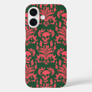 Skull Flame Damask in clashing pink on dark green iPhone 16 Case