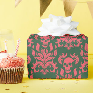 Skull Flame Damask in clashing pink on dark green Wrapping Paper