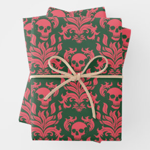 Skull Flame Damask in clashing pink on dark green Wrapping Paper Sheets