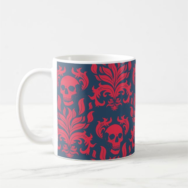 Skull Flame Damask in clashing red on blue Coffee Mug (Left)