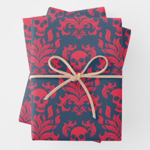 Skull Flame Damask in clashing red on blue Wrapping Paper Sheets