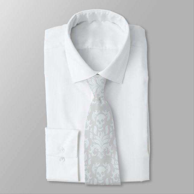 Skull Flame Damask in classic white on white Neck Tie (Tied)