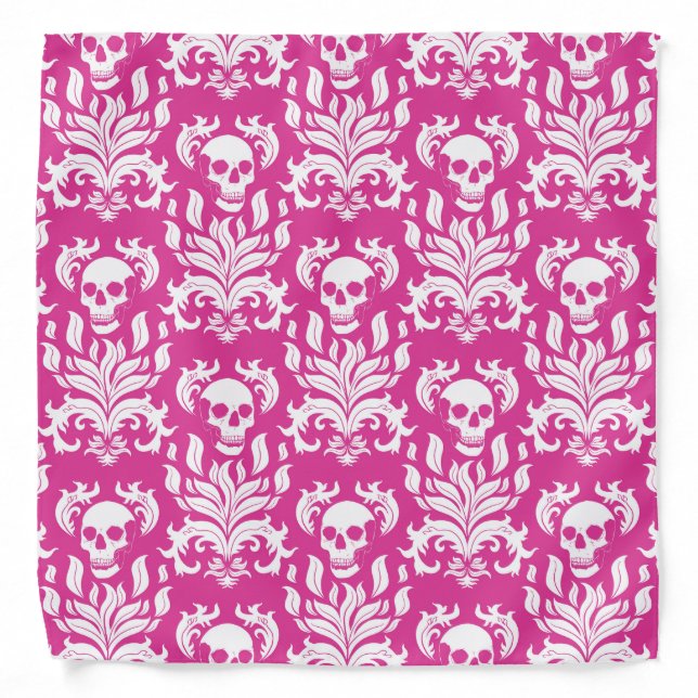 Skull Flame Damask in crisp white on hot pink Bandana (Front)
