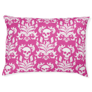 Skull Flame Damask in crisp white on hot pink Pet Bed
